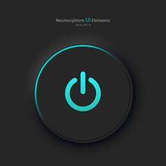 Poster - A round button with a blue power symbol on a black background. User interface elements in the style of neumorphism, UX. Vector illustration.