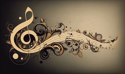 Wall Mural -  a music note with musical notes and leaves on a gray background with a black background and a white background with a black and gold border.  generative ai