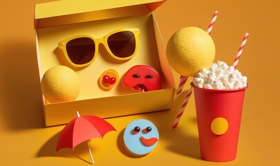 Wall Mural -  a box of popcorn, a cup of soda, and a pair of sunglasses on a yellow background with a red and white striped straw.  generative ai