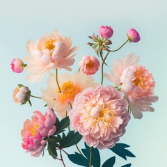 Wall Mural - A beautiful bouquet of fresh spring colorful pastel flowers, flat lay on a pastel blue gentle romantic background concept. Generative AI.