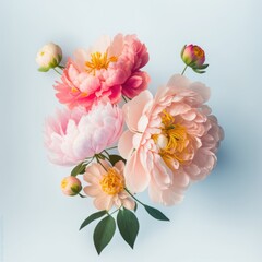 Wall Mural - A beautiful bouquet of fresh spring colorful pastel flowers, flat lay on a pastel blue gentle romantic background concept. Generative AI.