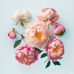 Wall Mural - A beautiful bouquet of fresh spring colorful pastel flowers, flat lay on a pastel blue gentle romantic background concept. Generative AI.