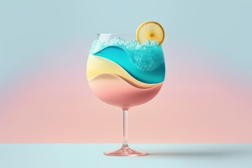 A Summer cocktail in a glass with a Summer holiday in it. Pastel background. Delicious, refreshing refreshment, party drink. Generative AI.