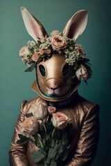 Wall Mural - Spring dark vintage metal mask with fresh spring flowers all over it. Dark background, rustic costume. Generative AI.