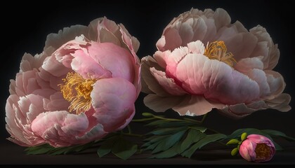  two pink peonies with green leaves on a black background with a pink flower in the middle of the picture and a pink flower in the middle of the picture.  generative ai