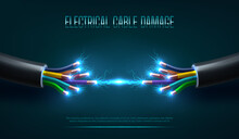 Electrical cable break with electric discharge. Power line damage, electricity supply and energy generation industry safety 3d vector banner with electrical cable wires and high voltage discharge