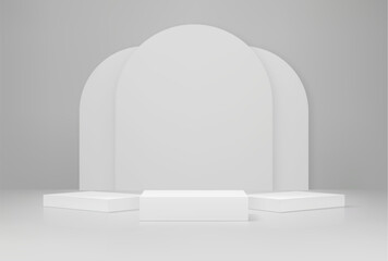 Grey podium. Cosmetics product presentation empty pedestal, exhibition gallery scene or studio showroom platform or base 3d realistic vector background. Showcase mockup with square podium and arch