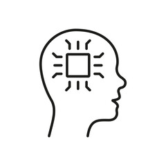 Poster - Human Head and Technology Chip Linear Pictogram. AI, Innovation Neuroscience Concept Outline Icon. Artificial Intelligence Line Icon. Editable Stroke. Isolated Vector Illustration