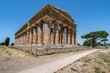 Ancient doric colonnades of the first Hera Temple of Paestum, Campania, Italy, side view