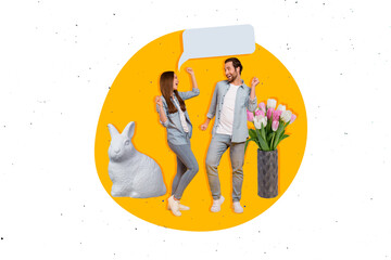 Canvas Print - Artwork collage picture of two excited partners raise fists empty space dialogue bubble bunny statue decor fresh flowers vase