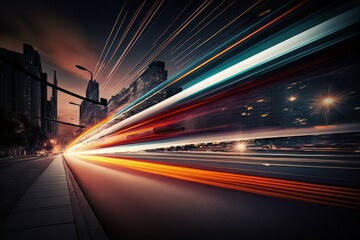 Poster - Abstract long exposure dynamic speed light trails in an urban environment. Generative ai