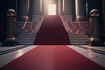 Red carpet on stairs indoors with curtains. Illustrations AI generator