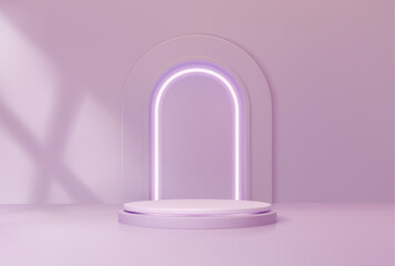 Purple podium with arch. Studio showroom empty platform, cosmetics product presentation mockup or exhibition gallery realistic 3d vector podium. Fashion showcase pedestal with purple neon illumination