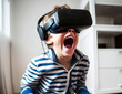 © ZayNyi - Little boy wearing VR headset and enjoying virtual reality simulation, metaverse and fantasy world.