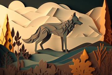 paper cut craft, paper illustration, wolf, Generative AI