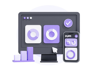 3D Computer monitor and mobile phone with financial investment and management. Business trading concept. Data analysis. Financial diagrams graphs and charts. Cartoon creative design icon. 3D Rendering