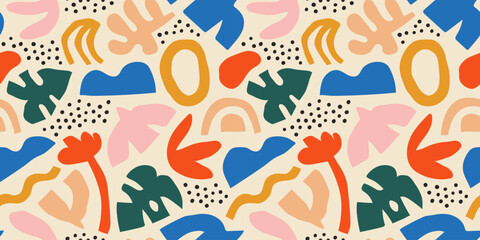 Abstract organic shape seamless pattern with colorful freehand doodles. Organic flat cartoon background, simple random shapes in bright childish colors. 