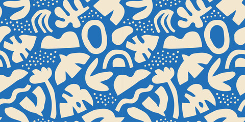 Abstract organic shape seamless pattern with colorful freehand doodles. Organic flat cartoon background, simple random shapes in blue colors. 