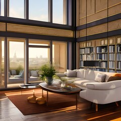 Canvas Print - A living room with floor-to-ceiling windows1, Generative AI