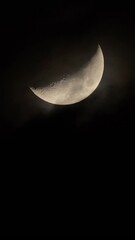 Wall Mural - Moon in the growth phase close-up on the night sky. Clouds fly in front of the crescent of the Moon