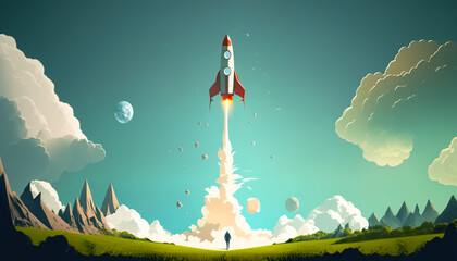 Rocket start up - Against a backdrop of fluffy white clouds, the rocket launches into space - ai generated.