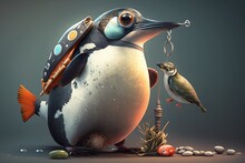 Hyper-detailed A Cute Penguin With Fish Isolated On White Background In Unreal Engine 5: Stunning Ultra-Wide Angle And Depth Of Field! , Generative Ai