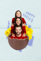 Sticker - Vertical creative collage artwork photo of interested positive family people sit in chocolate easter egg isolated on drawing background