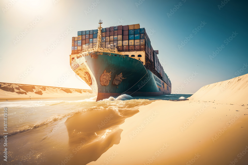 Container cargo ship accident crash sandy canal, aerial top view ...