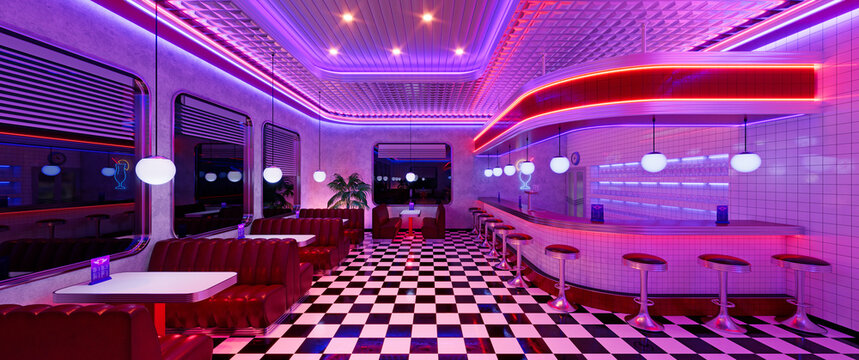 retro diner interior with tile floor, neon illumination, vintage arcade machine and bar stools. 3d i
