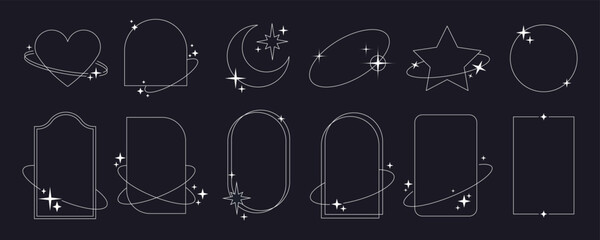Leinwandbilder - Minimalist aesthetic arch line frames, Modern linear shapes with sparkles on black background. Simple decorative boho style border, circle frame with stars, design elements for social media vector set
