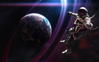 Wall Mural - Astronaut on background of deep space planet. Science fiction. Elements of this image furnished by NASA