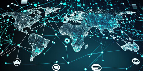 Poster - Digital world idea with links to global data communication network technology, international trade and finance, internet of things (IoT), marketing, and fintech - Generative AI