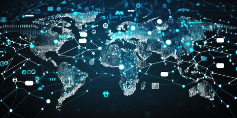 Poster - Digital world idea with links to global data communication network technology, international trade and finance, internet of things (IoT), marketing, and fintech - Generative AI
