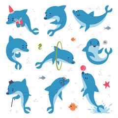 Wall Mural - Cute blue dolphins set. Funny happy underwater animals performing tricks in dolphinarium cartoon vector illustration