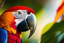 A Flock Of Macaws In The Treetops In A Tropical Rainforest, Bright Flowers And Leaves, Exotic Plants, Vines. Wildlife Concept Of Ecological Environment. Generative AI