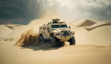 Large Military Vehicle Driving On Dunes