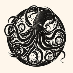 Wall Mural - Black and White Kraken,Cthulhu,Octopus Silhouette Ornament Vector Art for Logo and Icon