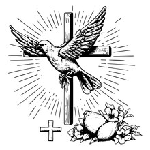 A Hand-drawn Vector Illustration Sketch Depicting The Symbols Of Easter, Including A Cross And A Dove, Which Represent Christianity And Its Message Of Hope And Renewal