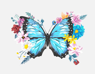 blue butterfly in surrounded by colorful flowers vector illustration