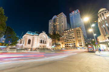 Busy night view of Saigon Opera House or Municipal Theater in Ho Chi Minh City, Vietnam. It built in 1897 by French architect Ferret Eugene.