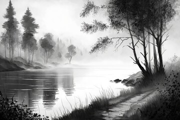 Canvas Print - black and white landscape on banks of water with haze over river, created with generative ai