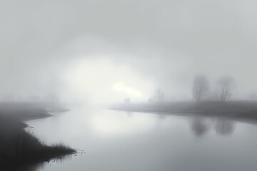 Canvas Print - haze over river and water surface on foggy day, created with generative ai