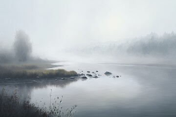 Canvas Print - haze over river and water surface on foggy day, created with generative ai