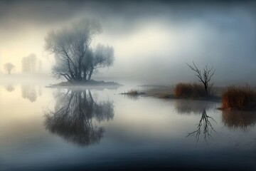 Canvas Print - foggy view on flowing haze over river reflected in water, created with generative ai