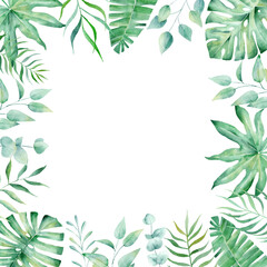 Wall Mural - exotic watercolor tropical frame border palm tree. summer clipart illustration.