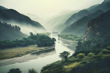 Wall Mural - landscape of forest covering slopes and hills on banks of river haze over river, created with generative ai