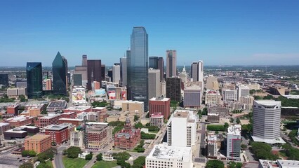 Poster - Dallas, Texas USA - April 8 2020: Downtown Dallas skyline cityscape landscape aerial skyline view - 4K Drone