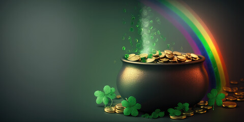 black pot full of gold coins and shamrock leaves. st. patrick's day abstract green background for design, banner, invitation. digital art, generative ai