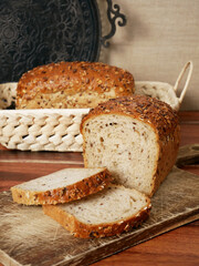 Wheat rye bread with oatmeal, sesame, sunflower seeds and linseed. Homemade bread sourdough.