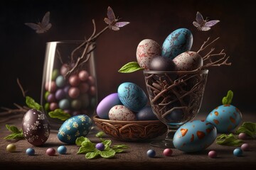 Wall Mural - Easter eggs in a decorative studio set up. Easter Holiday celebration concept. Generative ai. 